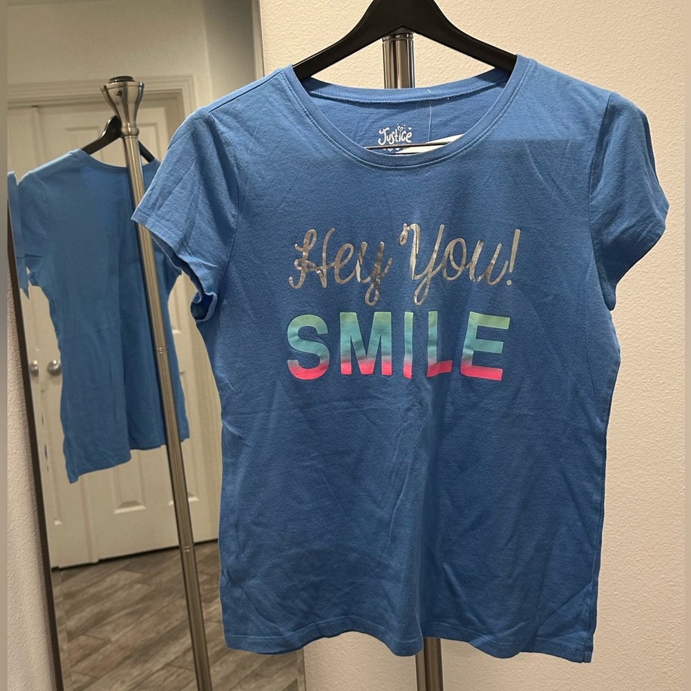 Justice Blue Tee Hey You Smile - size Childrens Clothing: 20